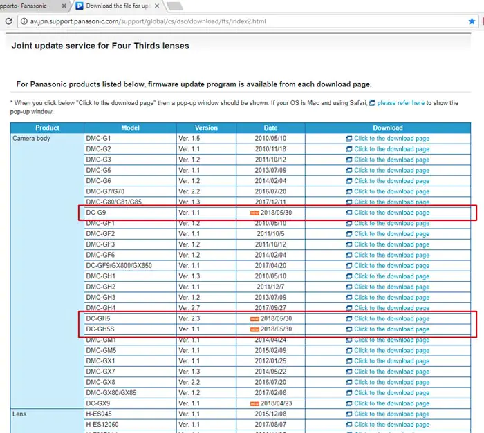 Pagina per il download dei nuovi firmware