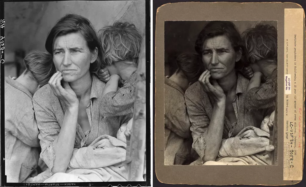 Migrant Mother - Dorothea Lange - 1936 - Library of Congress, Prints & Photographs Division, FSA/OWI Collection, [reproduction number, LC-DIG-fsa-8b29516 (digital file from original neg. http://hdl.loc.gov/loc.pnp/fsa.8b29516; C-DIG-ppmsca-23845 (digital file from print, post-conservation) http://hdl.loc.gov/loc.pnp/ppmsca.23845]