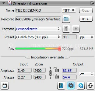 SilverFast: pannello Dimensioni di scansione