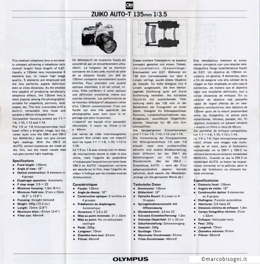 Olympus OM Zuiko 135 mm f/3.5 – Specifiche tecniche.