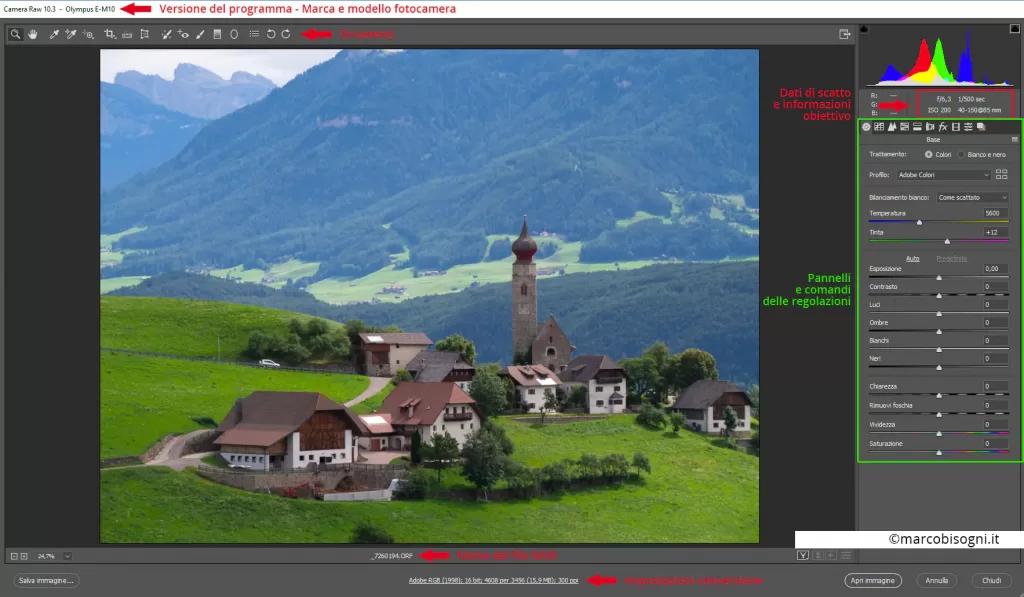 Schermata del programma di sviluppo Adobe Camera RAW