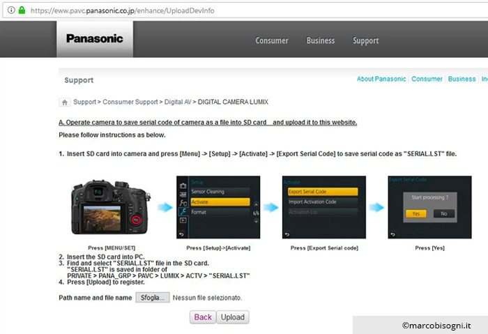 Schermata per l'upload del serial della Panasonic Lumix GH5