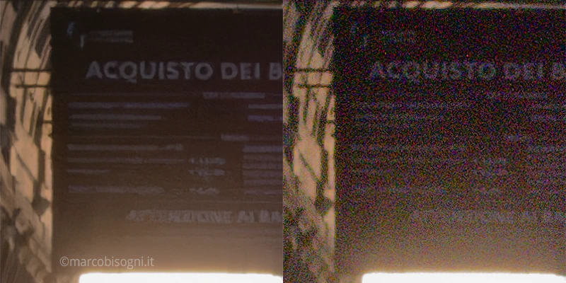 6400 iso - Dopo la riduzione del rumore (a sx) e prima (a dx) - Ritaglio al 100%