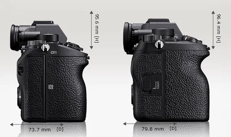 A7R III (a sx), A7 IV (a destra) - Visione laterale (fonte: camerasize.com)