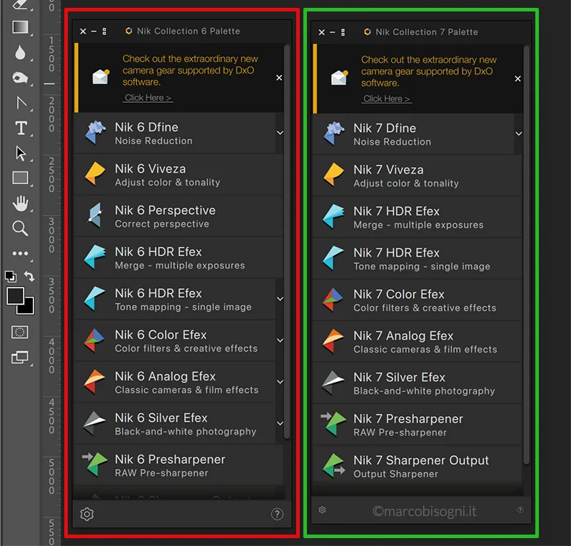 Palette NiK Collection 6 (evidenziata con bordo rosso) e 7 (evidenziata con bordo verde) aperte in Adobe Photoshop. Parallel installation