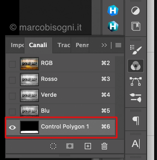 Maschere create alll'interno dei pplugin della Nik Collection 8 visualizzate nel pannello Canali di Photoshop