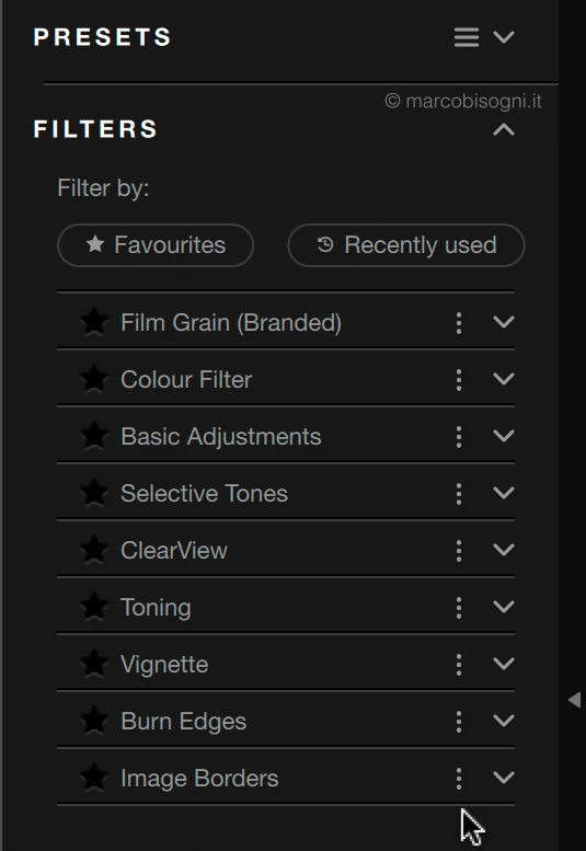 Silver Efex: nella colonna di sinistra, sotto il pannello Presets troviamo i filtri applicabili singolarmente