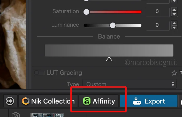 Pulsante per esportare in Affinity