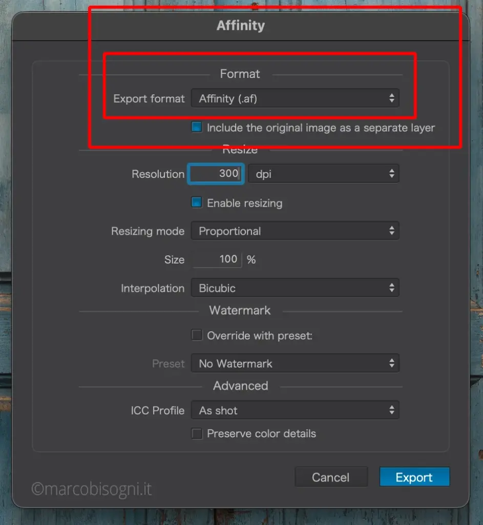 DXO PhotoLab 10.1: esportazione ad Affinity .af